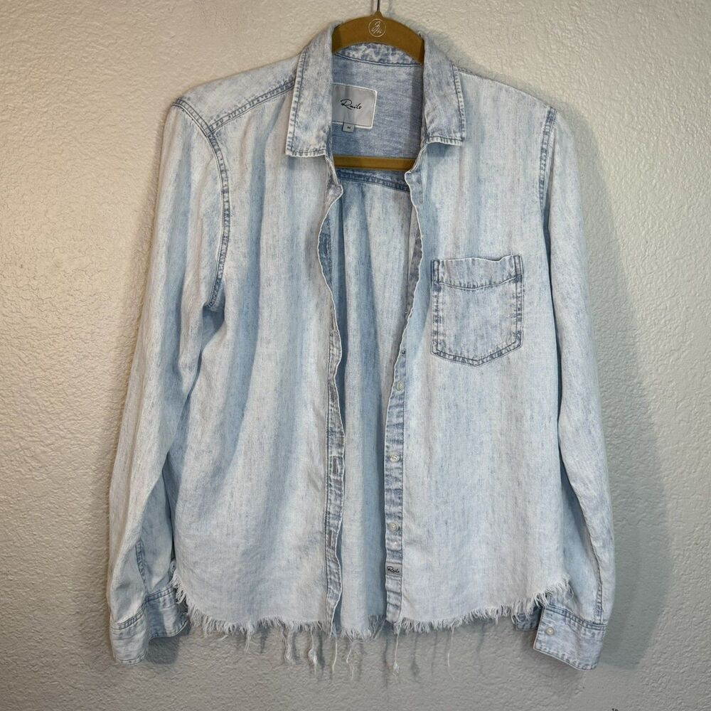 Rails Ingrid Shirt Raw Hem Light Acid Wash Linen Button-Up Boho Casual Women M